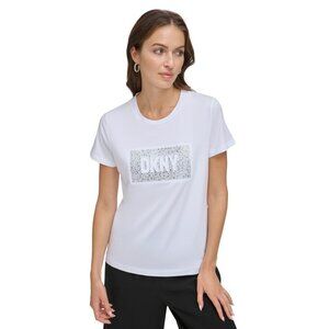 DKNY Women's Studded-Logo Crewneck Short-Sleeve Top White Size S